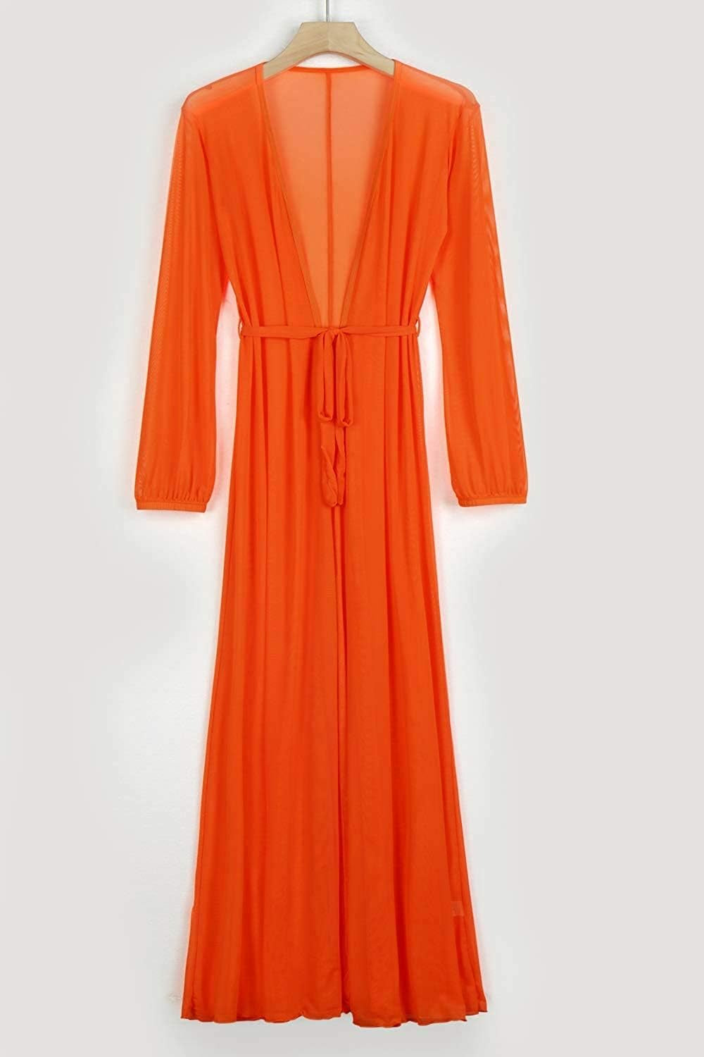 Women'S Long Sleeve Mesh Maxi Swimsuit Bathing Suit Tie Front Robe Cover up Blouse Orange L