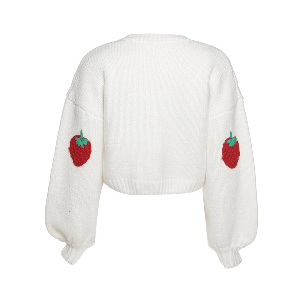 Women Handmade 3D Floral/Strawberry Chunky Knit Cardigan Harajuku Loose Sweater