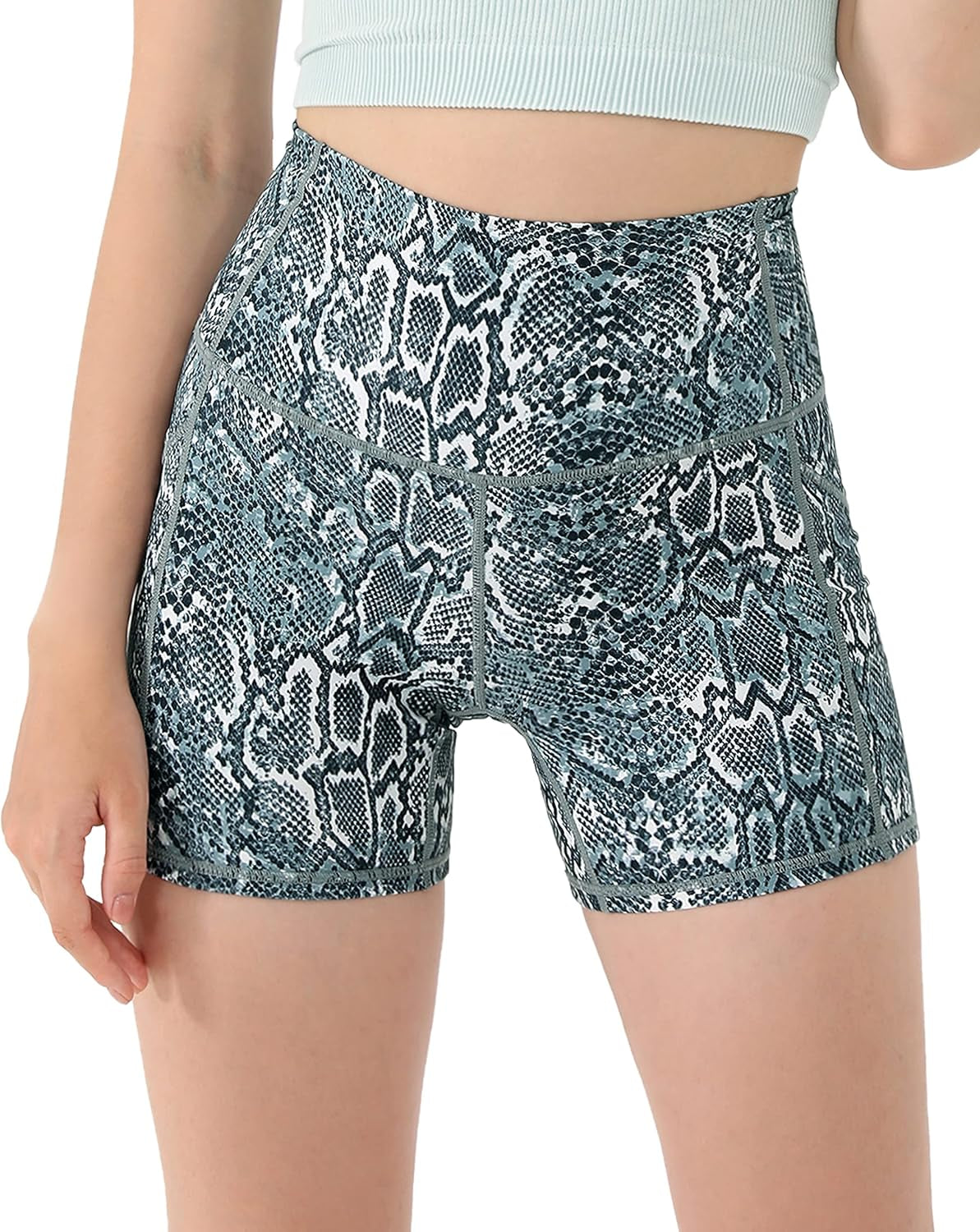 Women'S 5" High Waisted Pattern Biker Shorts with Pocket, Tummy Control Non See through Workout Exercise Printed Running Yoga Shorts, Grey Snake, Medium