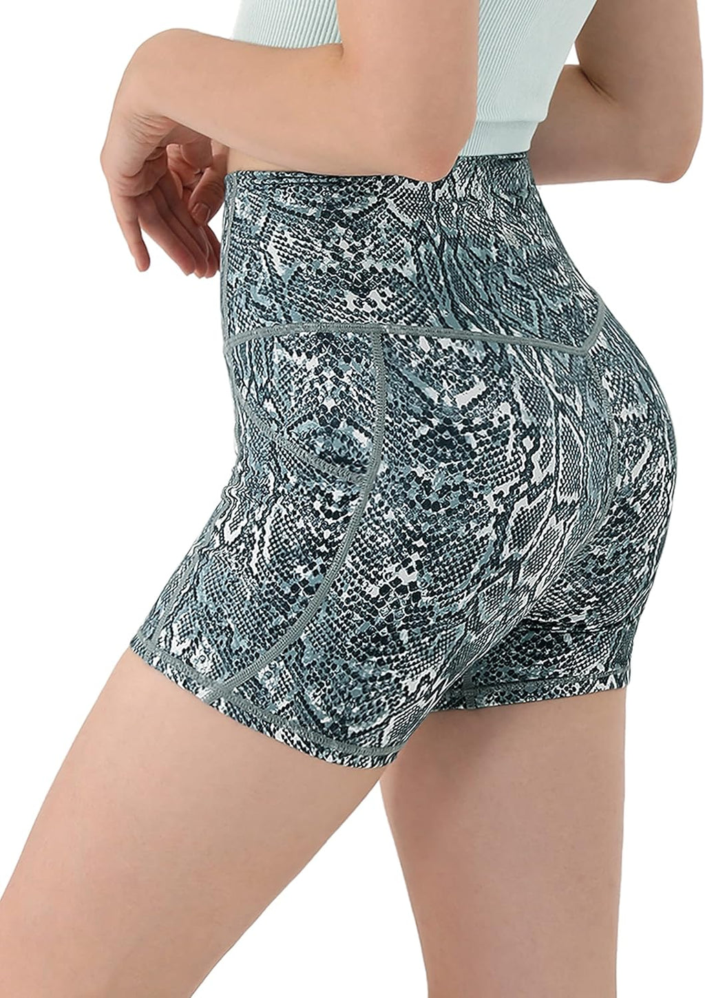 Women'S 5" High Waisted Pattern Biker Shorts with Pocket, Tummy Control Non See through Workout Exercise Printed Running Yoga Shorts, Grey Snake, Medium