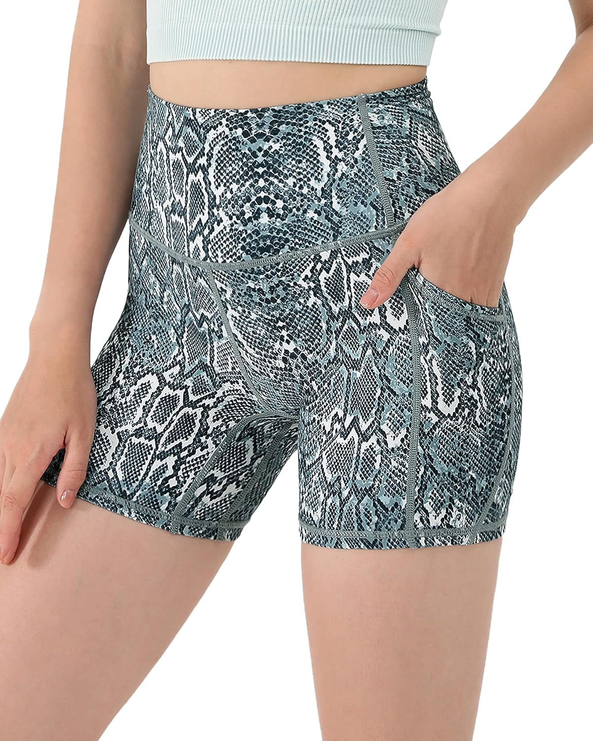 Women'S 5" High Waisted Pattern Biker Shorts with Pocket, Tummy Control Non See through Workout Exercise Printed Running Yoga Shorts, Grey Snake, Medium